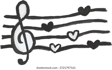 Agujero de agudos dibujado a mano con corazones en el personal musical
