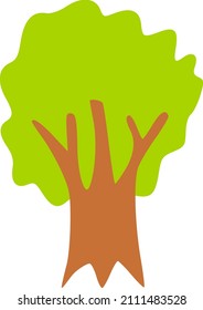 Hand-drawn tree with green leaves. Thick tree trunk. Forest natural icon in doodle style. Vector flat clip art of summer oak for cartoon backgrounds of groves, wildlife landscapes for kids books.