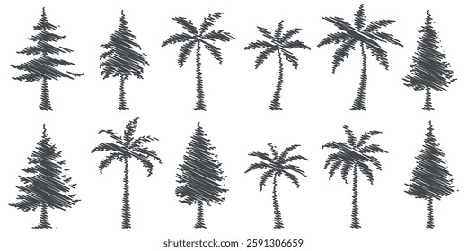 hand-drawn tree and palm tree sketch set, vintage tree and palm silhouette collection, botanical tree illustrations isolated