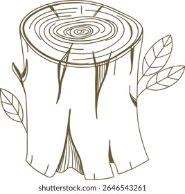 Toco de árvore desenhado à mão com anéis de crescimento detalhados e folhas emergentes. Ideal para arte com temática florestal, educação da natureza ou gráficos ecológicos. Desenho monocromático para utilização no projeto orgânico.