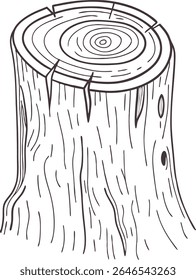 Toco de árvore desenhado à mão com anéis de crescimento detalhados e folhas emergentes. Ideal para arte com temática florestal, educação da natureza ou gráficos ecológicos. Desenho monocromático para utilização no projeto orgânico.