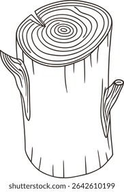 Ilustração de coto de árvore desenhada à mão com anéis de crescimento e textura de casca, ideal para a educação florestal, gráficos de marcenaria, design rústico, cartazes com temas ecológicos e projetos de estilo vintage.

