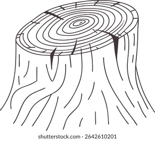 Ilustração de coto de árvore desenhada à mão com anéis de crescimento e textura de casca, ideal para a educação florestal, gráficos de marcenaria, design rústico, cartazes com temas ecológicos e projetos de estilo vintage.

