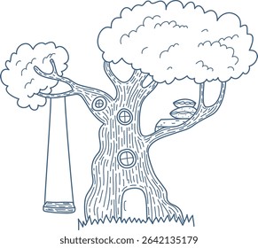 A hand-drawn treehouse with a swing and ladder in a cartoon style. The illustration depicts a playful tree with circular windows and fluffy foliage. Cartoon vector illustration.