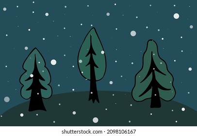 Árboles dibujados a mano, noche nevada en un bosque, paisaje simplista, estilo de dibujo infantil