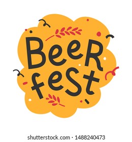 Handdrawn trendy flat illustration with background. Handwritten lettering for oktoberfest celebration. Good for print poster or banner for october beer festifal. Wheat branch and doodle elements.