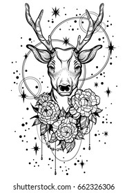 Hand-drawn trendy vector illustration with deer and peony flowers over the stars. Tattoo art. Vector linear style artwork isolated. Outer space, alchemy, astrology, print, posters, t-shirts.