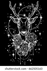 Hand-drawn trendy vector illustration with deer and peony flowers over the night sky background. Tattoo art. Vector linear style artwork isolated. Bohema, alchemy, astrology, print, posters, t-shirts.