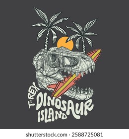 Hand-drawn T-Rex skull with a surfboard in its jaws, set against tropical palm trees and a sunset. Vintage-style dinosaur island adventure design, perfect for apparel.