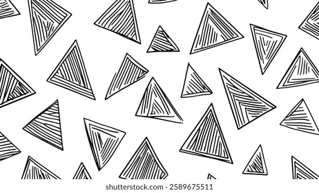 Hand-drawn triangle pattern. Black geometric shapes with inner line details. Textile print, wallpaper, or branding design. Minimalist sketch art on white background