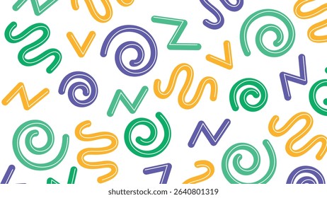 Hand-drawn triangles, crown-like shapes, and fun symbols in green, orange, pink, and yellow. A vivid, playful look perfect for children and creative visuals.