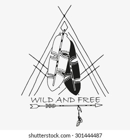 Hand-drawn tribal design element fro logo or print. Arrow, frame, art feathers. Indian tepee. Black and white background. Vector