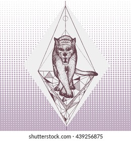 Hand-drawn tribal illustration of panther in dot art style. Tattoo design, textiles print. Vector editable sketch isolated on vintage background. Drawing of big wild cat with geometric shapes