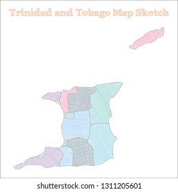 Hand-drawn Trinidad and Tobago map vector illustration in a sketchy, childish style with bright colors.