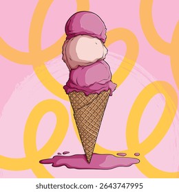 Hand-Drawn Triple Scoop Berry Ice Cream in Cone with Melting Topping on Pink Background