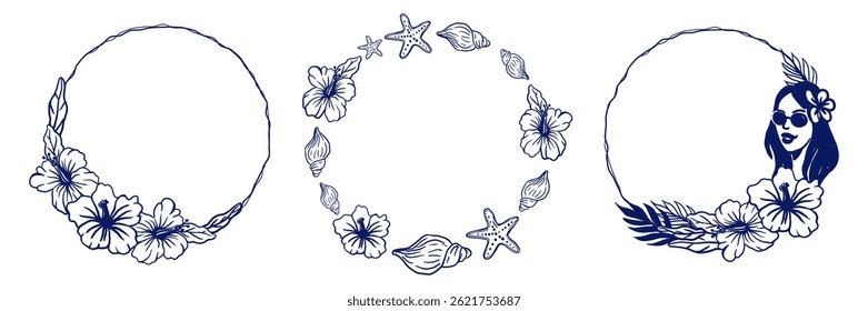 Hand-drawn tropical circular frames featuring hibiscus flowers, shells, starfish, and a stylish woman’s portrait. Isolated vector illustrations. Perfect for summer invitations, postcards, story 