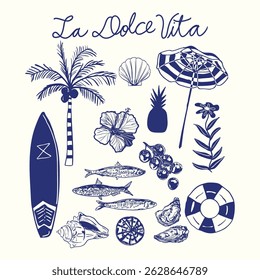 Elementos tropicais e costeiros desenhados à mão com frutos do mar e ícones de praia. Ideal para marca de verão, merch viagem, embalagem e decoração.