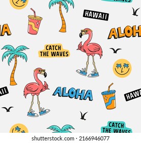 Hand-drawn tropical elements seamless pattern. Vector  seamless pattern with cartoon palm trees, sunglasses and flamingos.