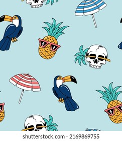 Hand-drawn tropical elements seamless pattern. Vector  seamless pattern with toucan birds, pineapples, skulls and palm trees.