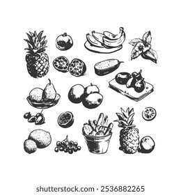 Hand-drawn Tropical Fruit Collection Illustration: Pineapple, bananas, citrus, and exotic fruits in a detailed black and white sketch, perfect for organic branding, packaging, and culinary projects
