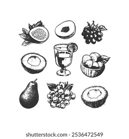 Hand-drawn Tropical Fruit and Drink Illustration: Black and white sketch tropical fruits like coconut, pear, grapes, and refreshing drink, perfect for organic labels, culinary designs, and packaging