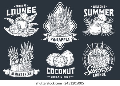 Hand-drawn tropical fruit illustrations collection for food branding. Menu design. And promotional material with bananas. Pineapple. And other graphic elements in black and white. Line art. Vegan.