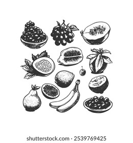 Hand-drawn tropical fruit set featuring bananas, grapes, melon, and exotic fruits in vintage line-art style. Perfect for organic food packaging, tropical product branding, and health-conscious designs