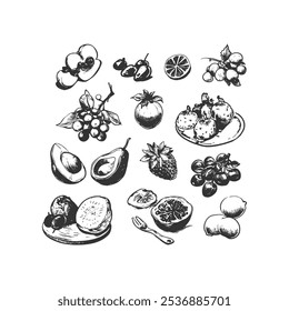 Hand-drawn tropical fruits and berries in a detailed line art style featuring avocados, pomegranates, grapes, and citrus slices. Perfect for organic product labels or natural kitchen decor