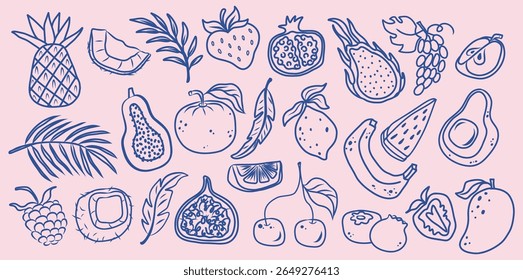  Hand-drawn tropical fruits collection: banana, mango, lemon, coconut, watermelon, fig, avocado, cherry, pineapple, strawberry, papaya, orange, grape, pomegranate, pitaya, melon, peach, pear