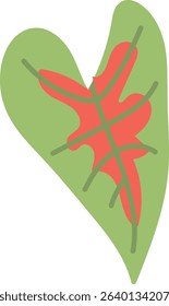 A hand-drawn tropical leaf with bold lines and organic shapes. The artwork presents a stylized plant form with abstract elements. Cartoon vector illustration.