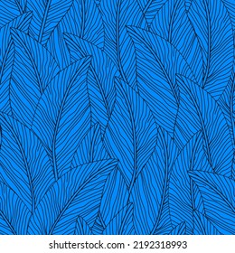 Hand-drawn tropical leaf wallpaper on blue. Design for print, cover, banner, fabric and may more.
