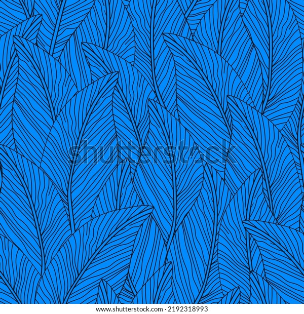 Handdrawn Tropical Leaf Wallpaper On Blue Stock Vector (Royalty Free