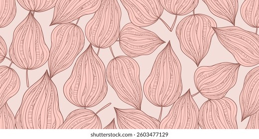 Hand-Drawn Tropical Leaves Seamless Pattern with Abstract Botanical Line Art on Blush Pink Background. Foliage background with detailed textured lines and organic curves