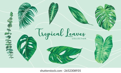 Hand-drawn tropical leaves vector illustration on pastel background