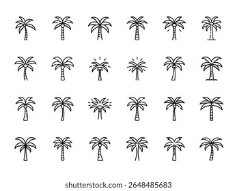 Hand-Drawn Tropical Palm Tree Icon Set in Black Line Art Style on White Background – 25 Unique Coconut Tree Sketch Illustrations for Summer, Nature, Beach, and Vacation Design Concepts