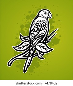 a hand-drawn tropical parrot on a branch