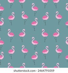 Handdrawn tropical pattern with flamingo on blue background. Vector seamless design.