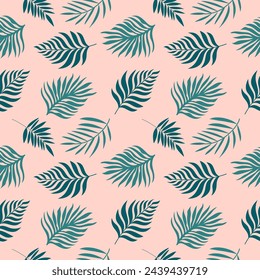 Handdrawn tropical pattern with green palm leaves. Seamless vector design on peach background.