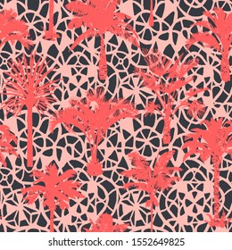 Hand-drawn tropical plants. Palm tree silhouettes seamless pattern. Trendy exotic botanical background with banana palm tree, coconut palm tree. Mosaic grid texture. 