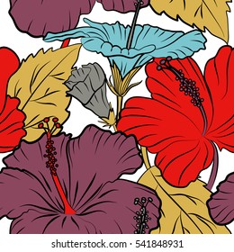 Hand-drawn tropical style texture. Creative universal floral pattern in yellow, red and purple colors. Vector seamless pattern of hibiscus flowers on a white. Ideal for web, poster, fabric or textile.