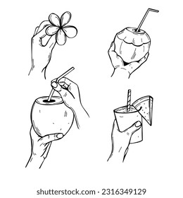 Hand-drawn tropical  summer drinks in hands. Vector sketch  illustration.