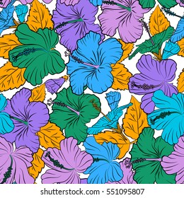 Hand-drawn tropical texture. Vector seamless pattern of hibiscus flowers on a white. Ideal for web, card, poster, fabric or textile. Creative universal floral pattern in yellow, violet and blue colors