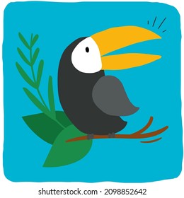 Hand-drawn tropical toucan sketch with leaves. Vector.