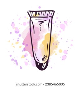 Hand-drawn tube of cream, beauty cosmetic element, self care. Illustration on a watercolor pastel background with splashes of paint. Useful for beauty salon, cosmetic store, makeup. Doodle sketch.