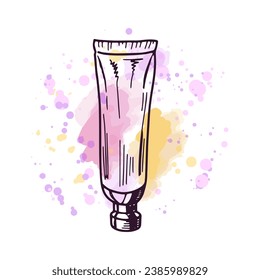 Hand-drawn tube of cream, beauty cosmetic element, self care. Illustration on a watercolor pastel background with splashes of paint. Useful for beauty salon, cosmetic store, makeup. Doodle sketch.