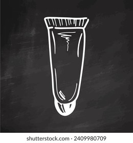 Hand-drawn tube of cream, beauty cosmetic element, self care. Illustration for beauty salon, cosmetic store, makeup design on chalkboard background. Doodle sketch style.  