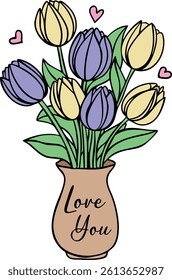 Hand-drawn tulip bouquet in vase. Hand drawn detailed botanical vector illustration