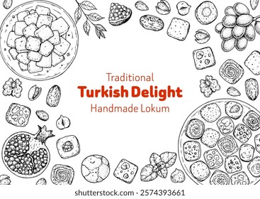 Hand-Drawn Turkish Delight Sketches in Engraving Style – Vintage Frame Design Elements for Packaging, Branding, and Marketing