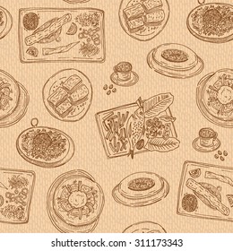 Hand-drawn Turkish food illustrations. Vector restaurant dishes, desserts and coffee of Turkey cuisine