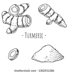 Hand-drawn turmeric root and turmeric powder. Vector cartoon illustration. Isolated objects on a white background.